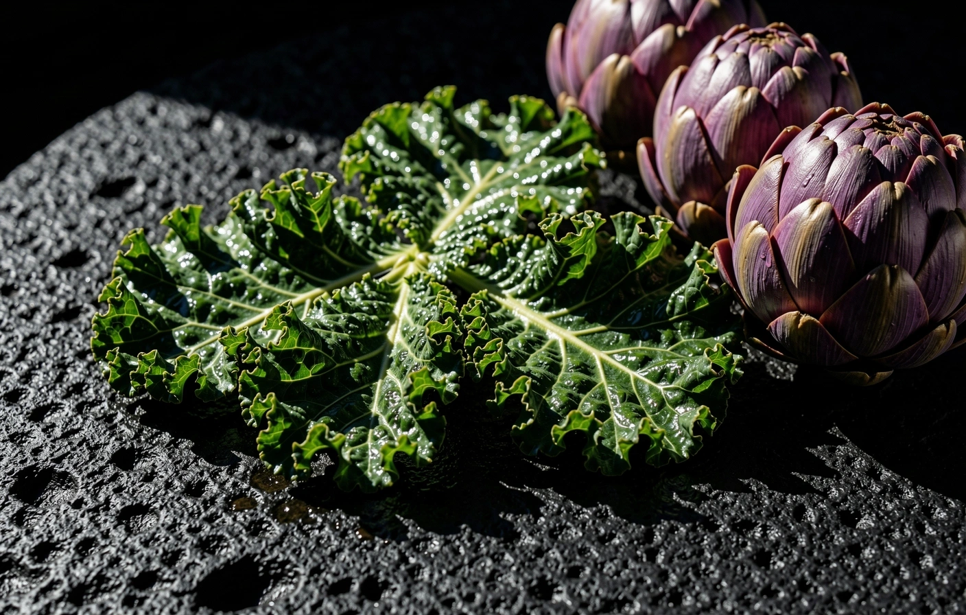 Fresh Mediterranean vegetables and fruits on a dark stone surface